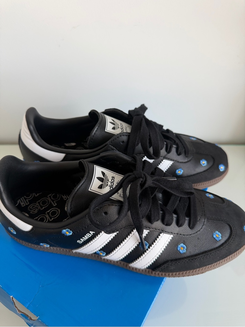 adidas wmns Samba Black with White Stripes and Blue Floral Accents